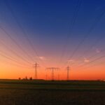 sunset, nature, countryside, power lines, power poles, high-voltage pylons, electricity pylons
